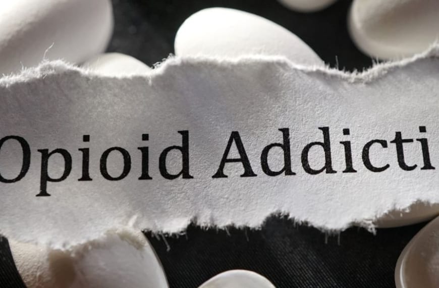 Opioid Addiction on a white paper rip onto of white pills