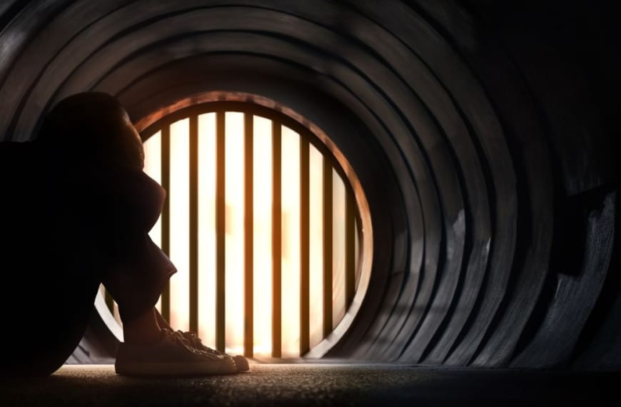 In einem Tunnel sitzende Person mit dem Kopf zwischen den Knien