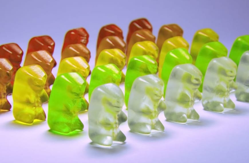 Lin-up of Gummy bears in various colours