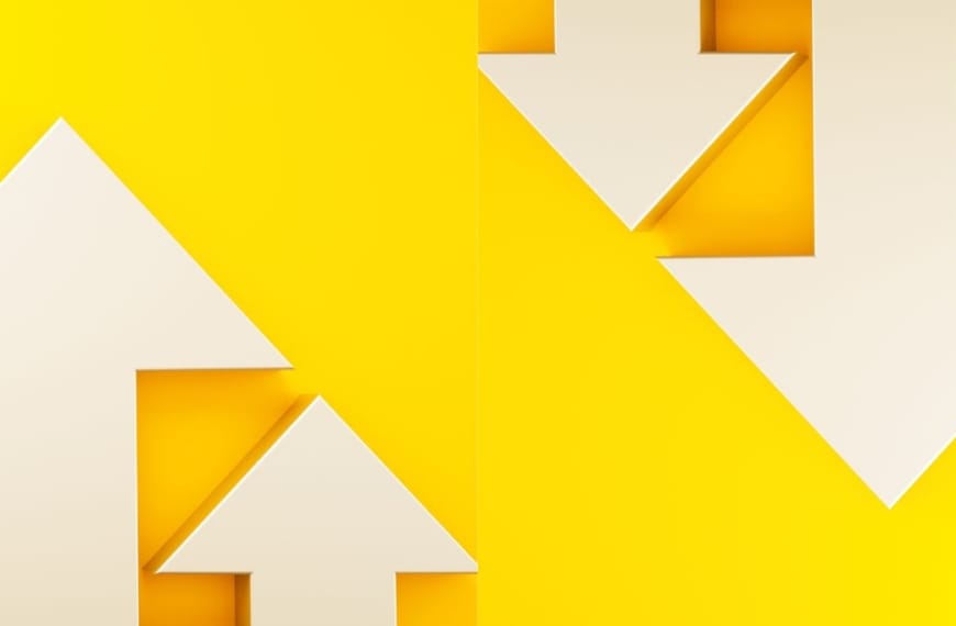 White arrows going up and down on a yellow background
