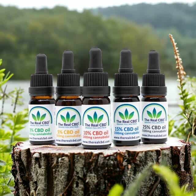 CBD-Flaschen auf einem Holzstumpf an einem See - The Real CBD Brand