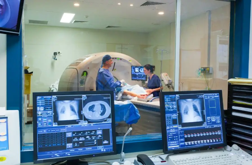 Oncology section on a hospital with patient in a scanner