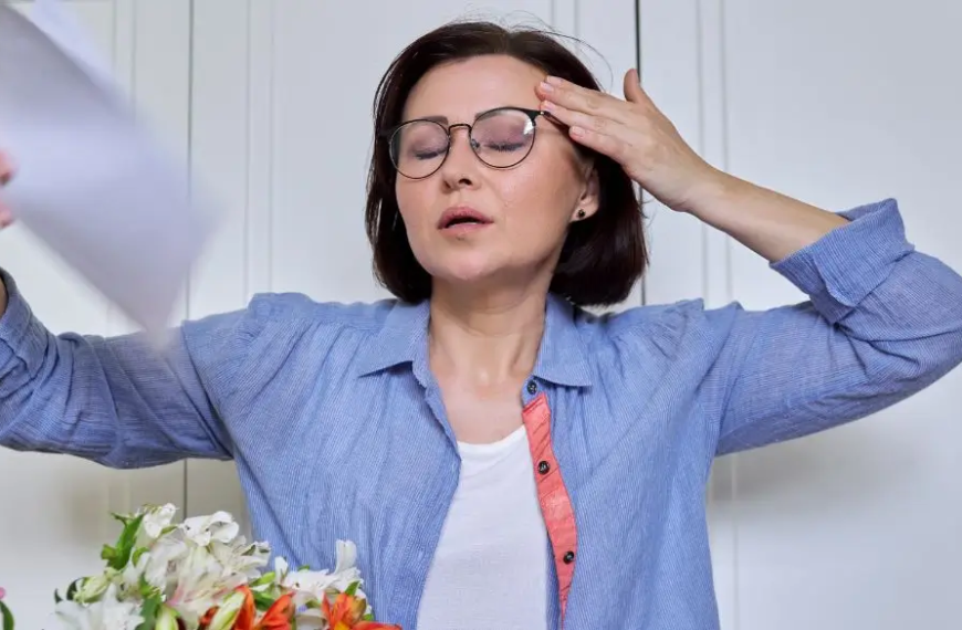Woman having a hot flash, cooling herself with a paper