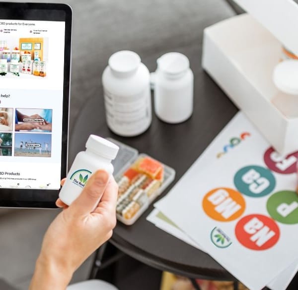 Man met een tablet met The Real CBD website erop en een potje The Real CBD tabletten