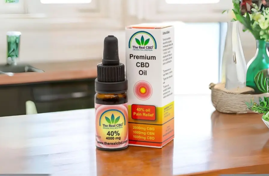 The Real CBD 40% CBD pain relief oil on a table-top