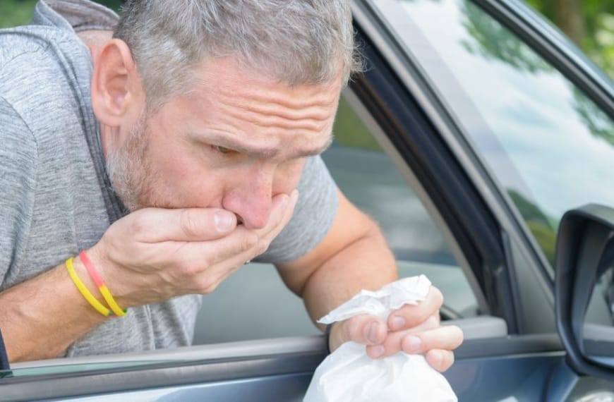 A man vomiting out of a car window