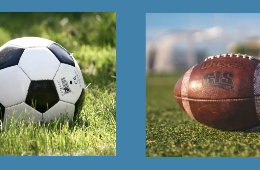 Football and soccer ball on a lawn