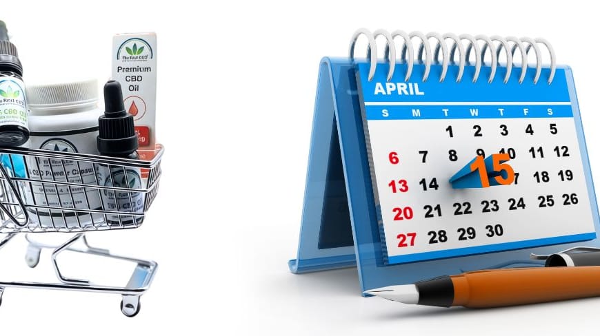 CBD products in a shopping cart next to a calendar with a pin