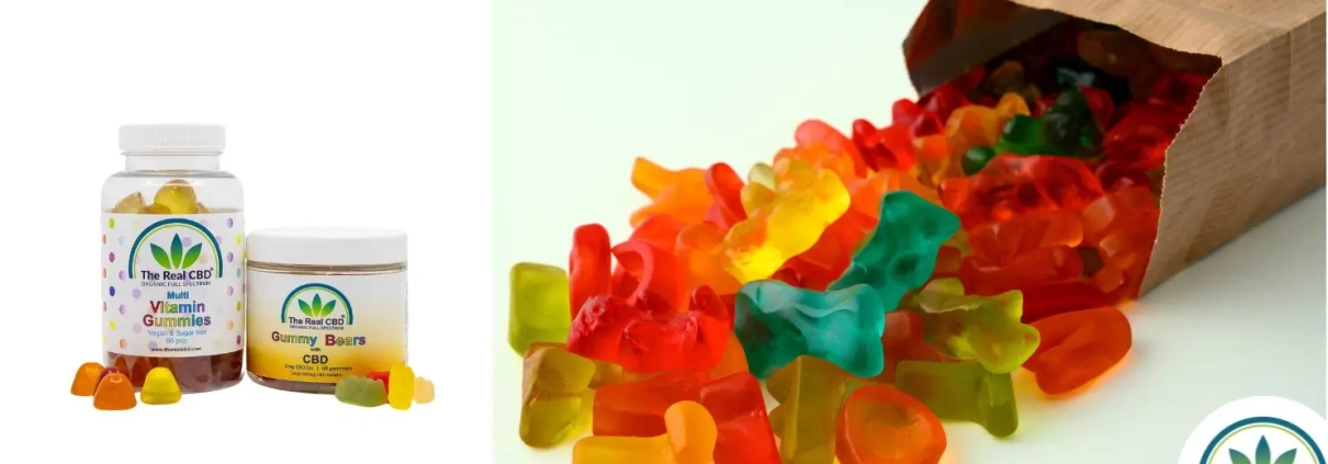 A brown paper bag full of CBD gummies pouring out