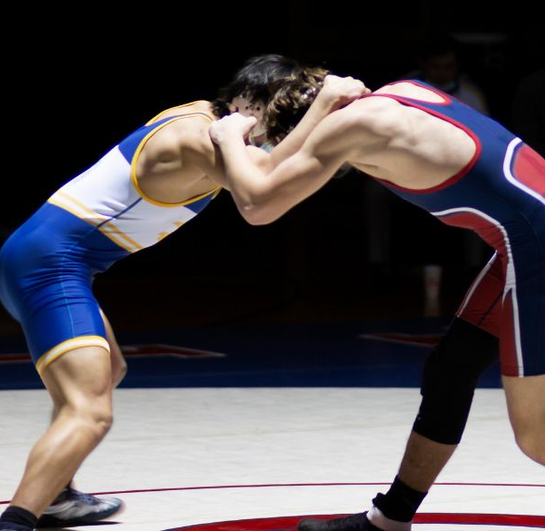 Wrestlers in a fight standing on a stage