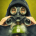 Person with a gas mask and binoculars