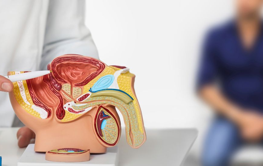 Doctor showing a prostate on a plastic model