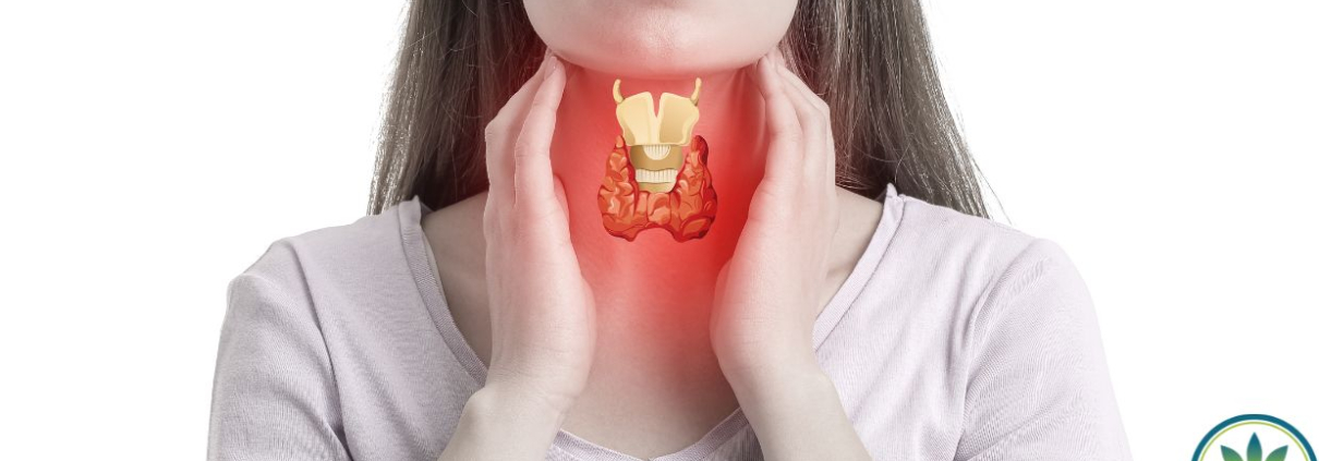 Woman holding her thyroid which seems inflammed