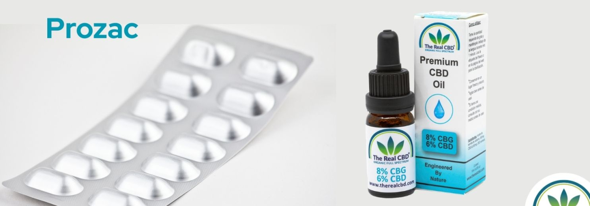 A CBG/CBD oil bottle together with some Prozac tablets
