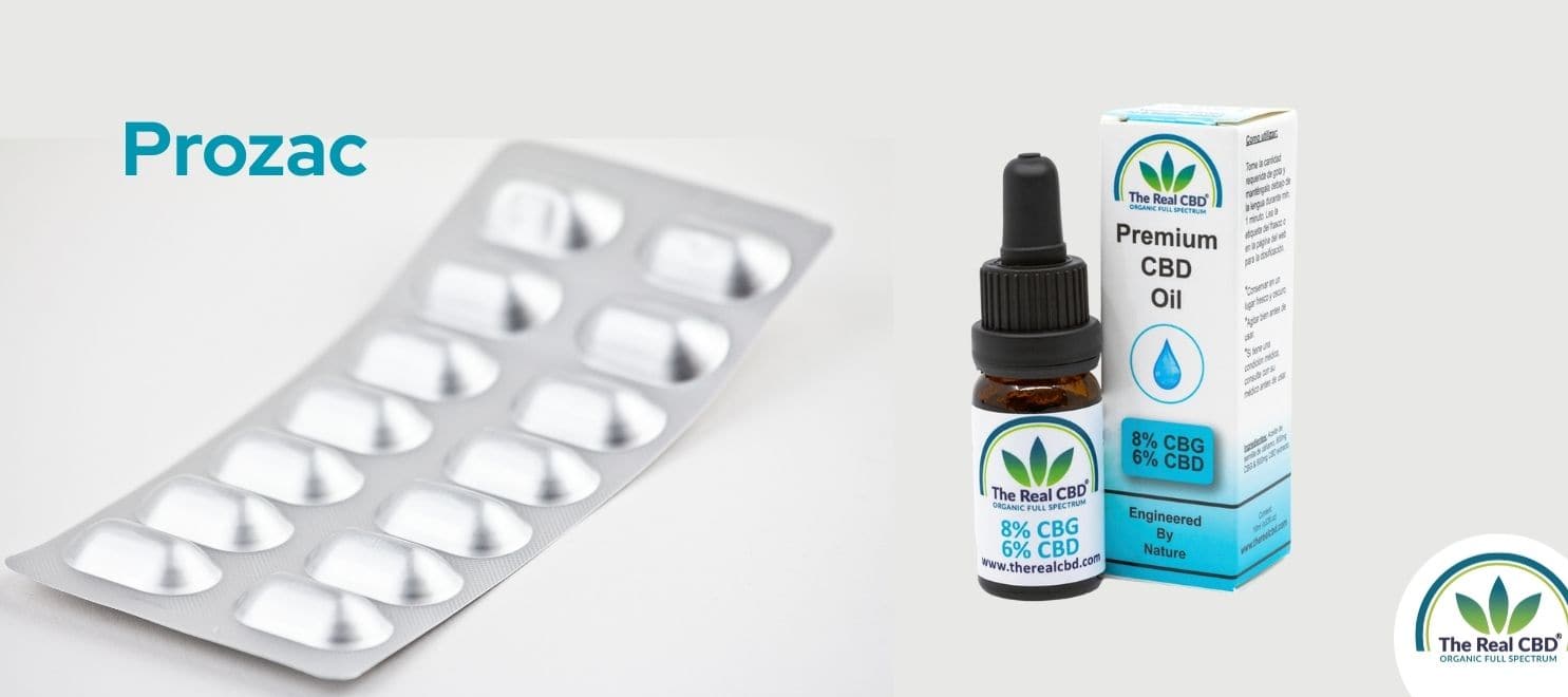 A CBG/CBD oil bottle together with some Prozac tablets