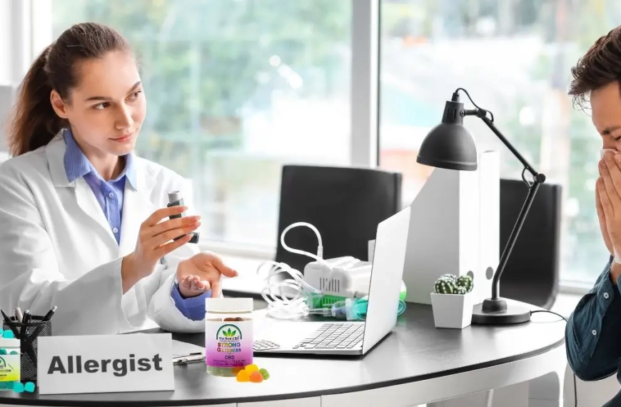 Doctors office where a patient is having an allergy and the doctor handing over a prescription