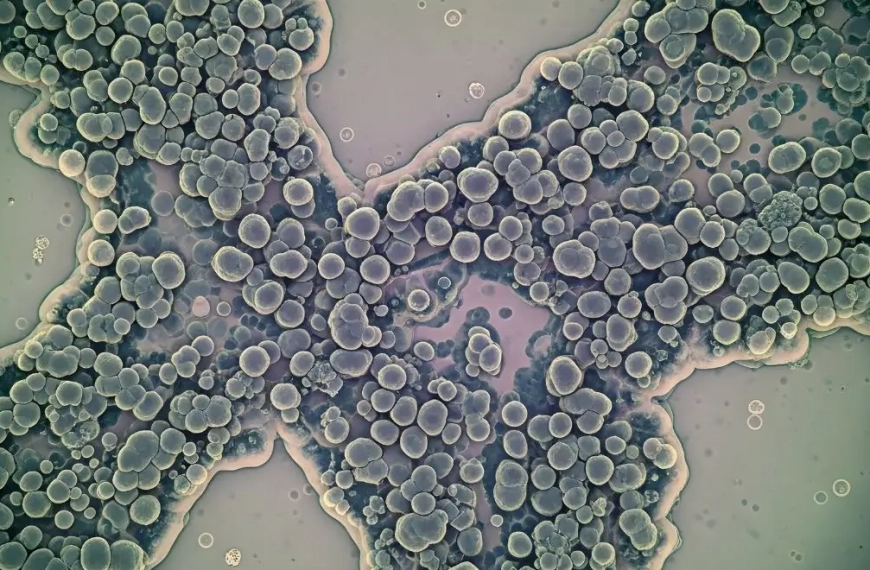 Yeast seen through a microscope