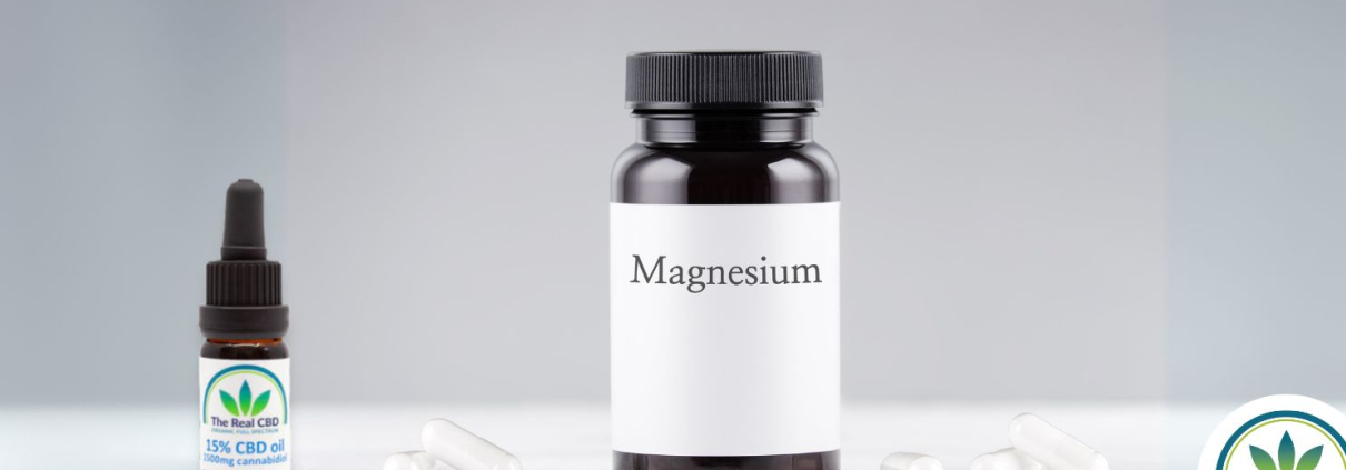 A tub of magnesium and a bottle of CBD oil