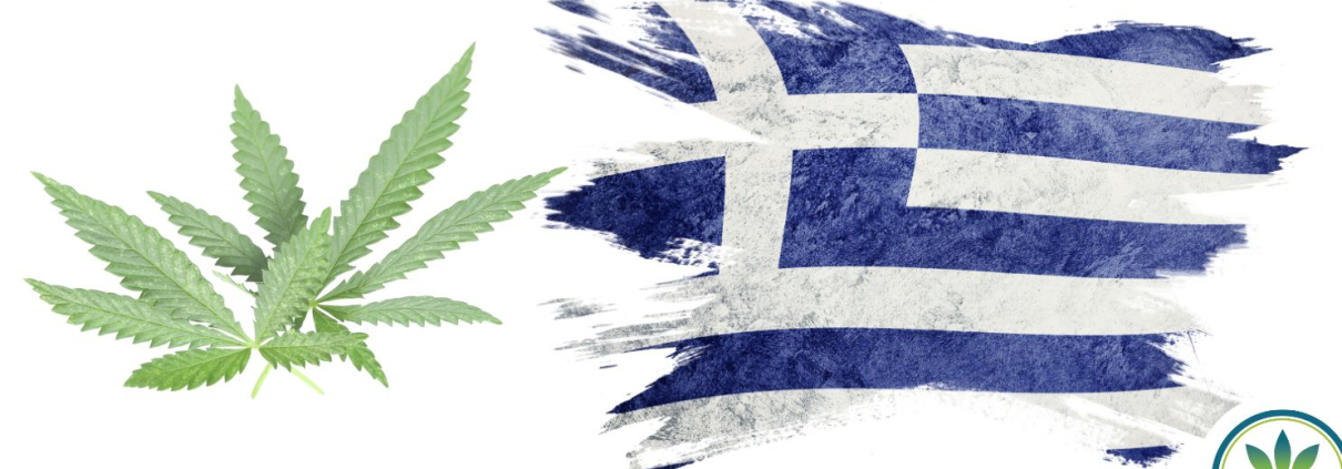 Greek flag and hemp leaves