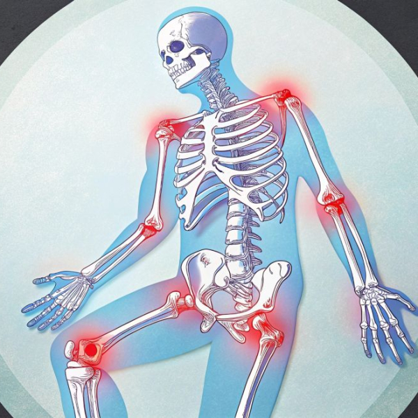 Skeleton with inflamed joints