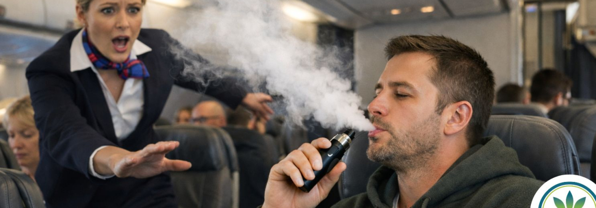 Flight attendant stopping a man smoking a vape on a plane