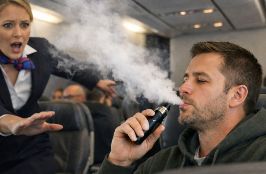 Flight attendant stopping a man smoking a vape on a plane