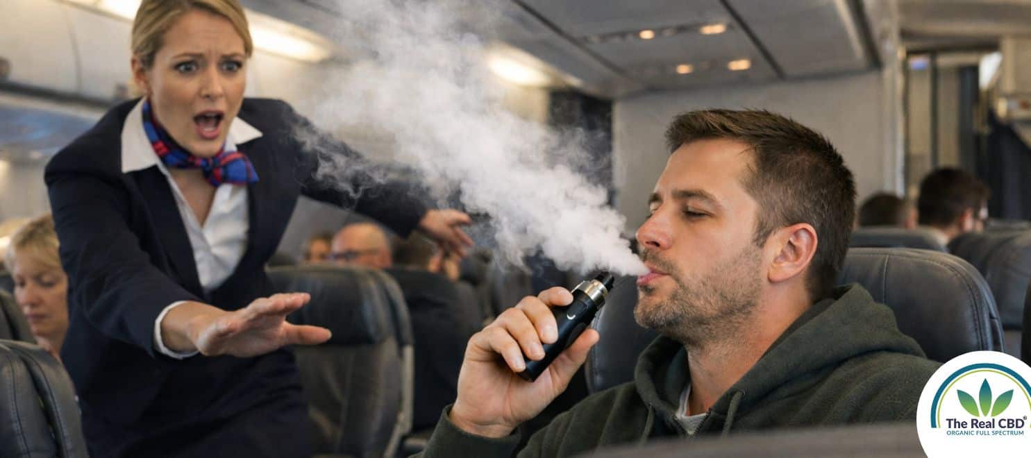 Flight attendant stopping a man smoking a vape on a plane