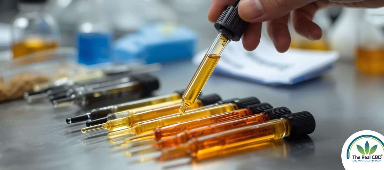 Various pipettes with different coloured oil inside