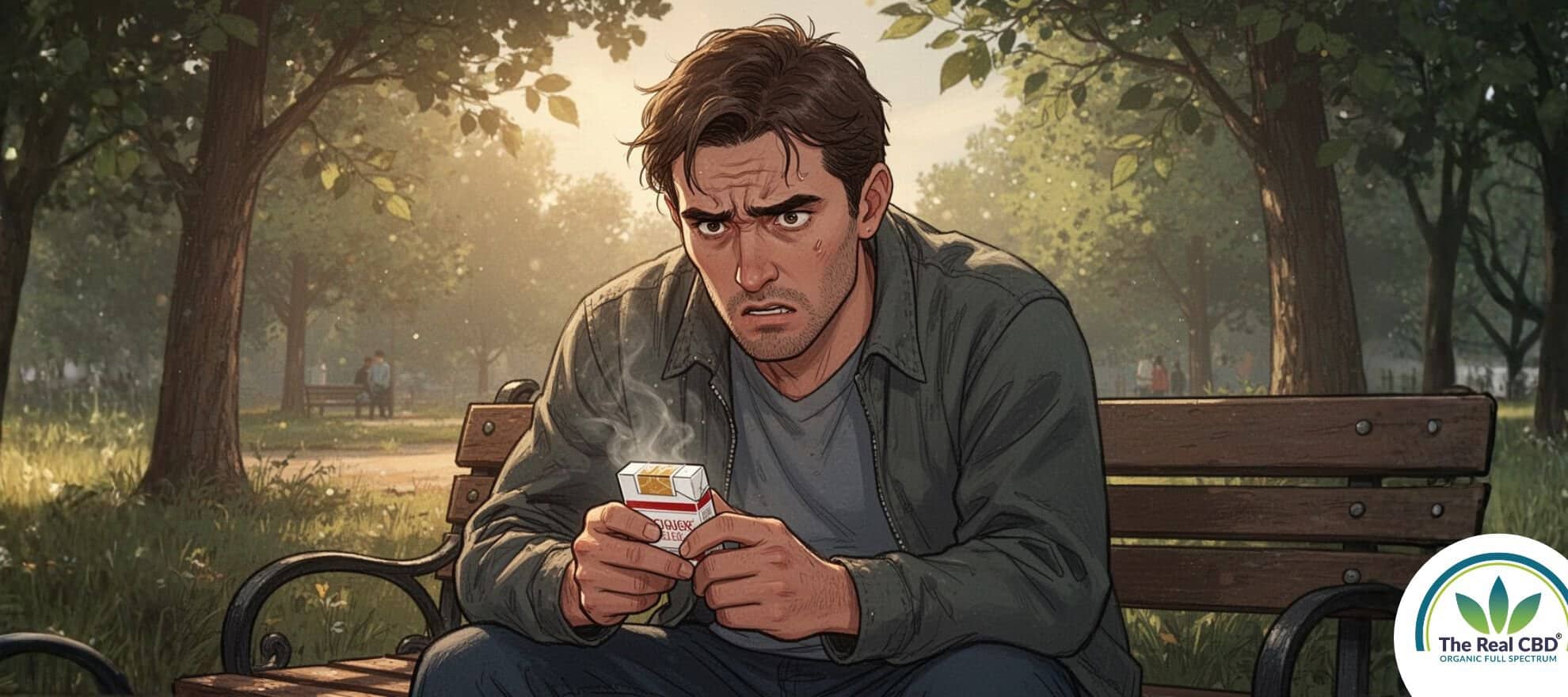 Man sitting on a bench trying to quit smoking