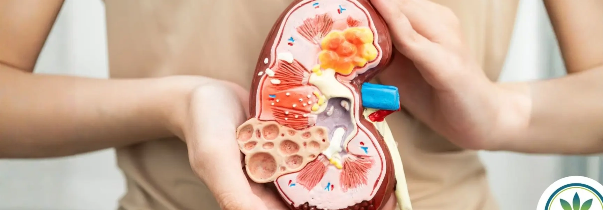 Woman holding a sliced plastic kidney so we can see the functionality of the kidneys