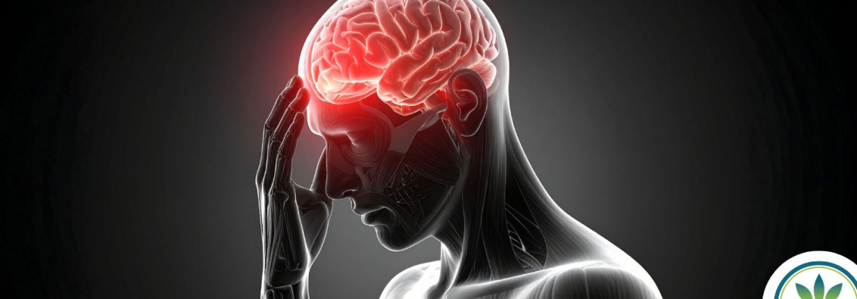 Black and white illustration og a man with a headache