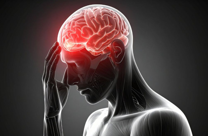 Black and white illustration og a man with a headache