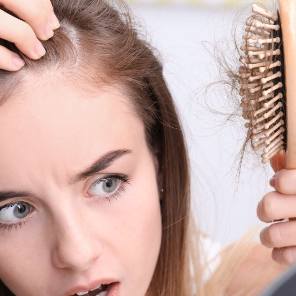 Woman looking frightned on her hairbrush full og hair