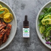 Two plates of food with a CBD oil in between