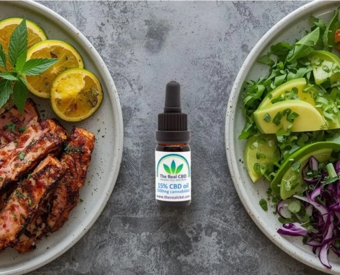 Two plates of food with a CBD oil in between