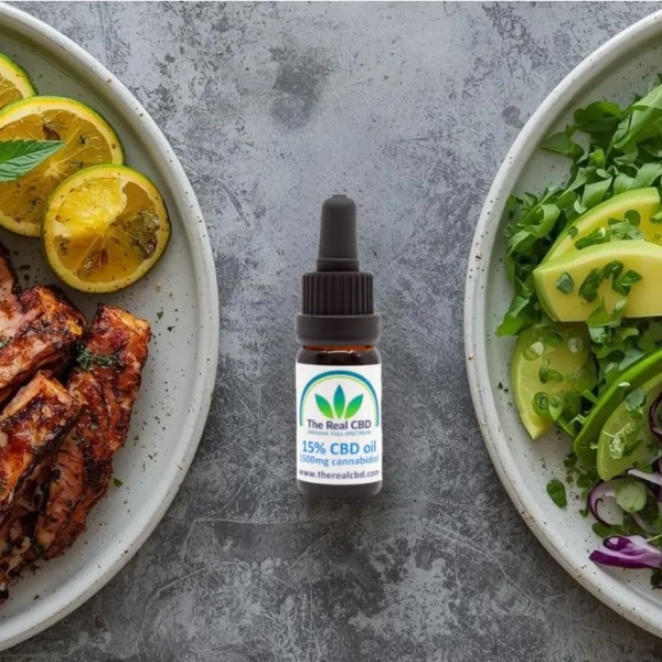 Two plates of food with a CBD oil in between