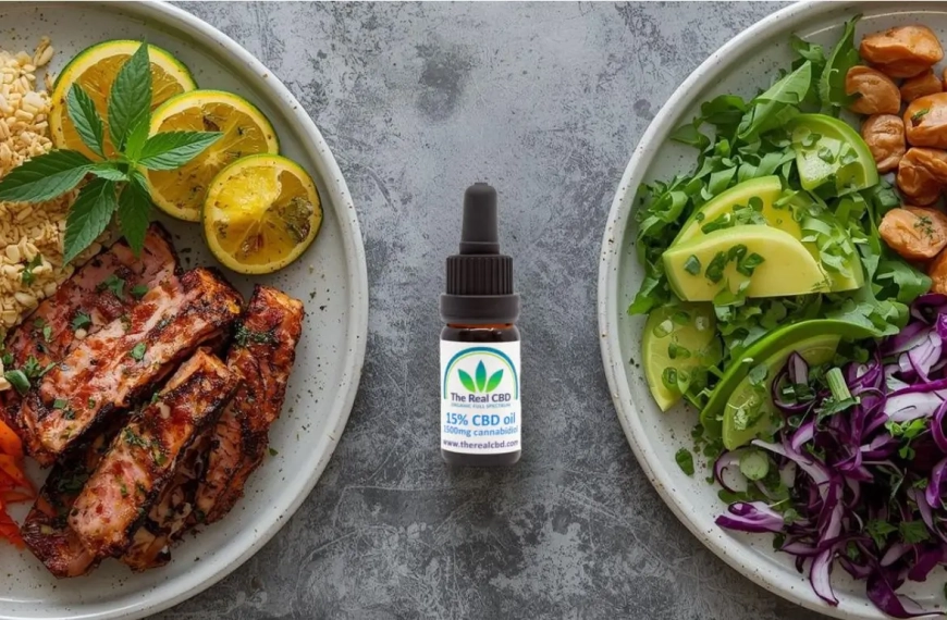 Two plates of food with a CBD oil in between