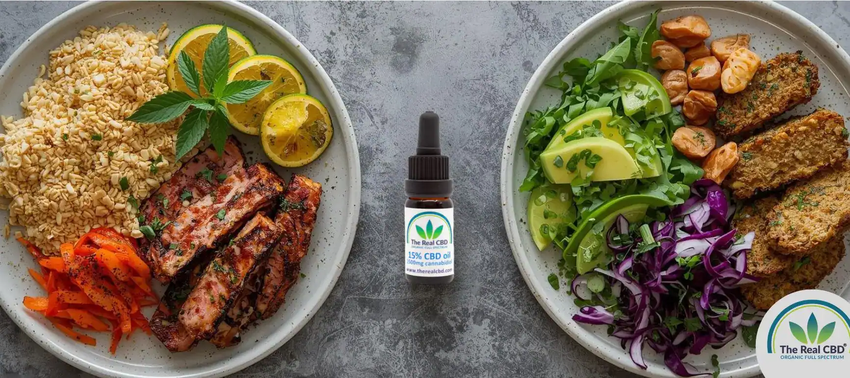 Two plates of food with a CBD oil in between