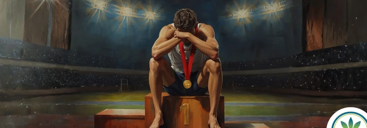 Athlete sitting on 1st place podium lookinf tires and have given up
