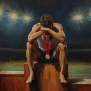 Athlete sitting on 1st place podium lookinf tires and have given up