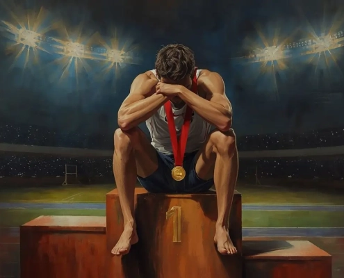 Athlete sitting on 1st place podium lookinf tires and have given up