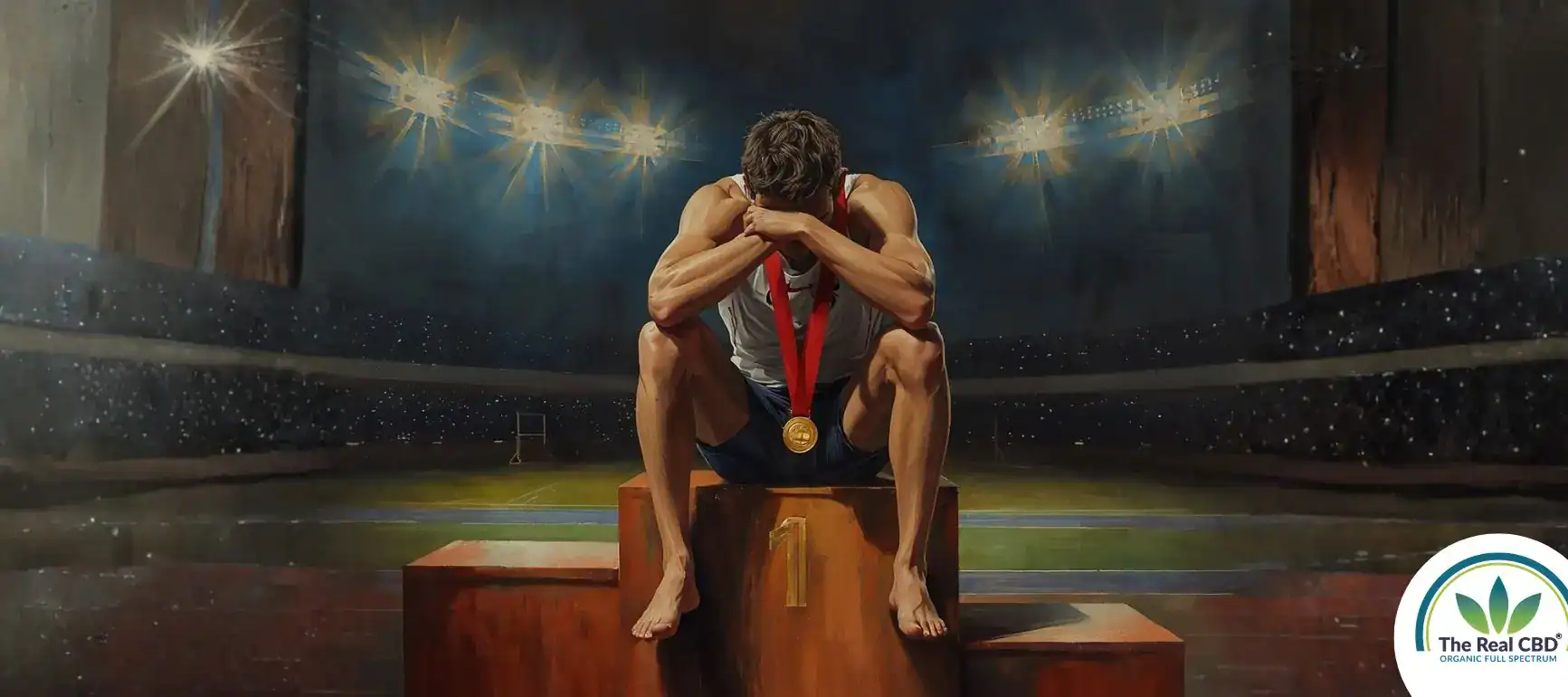 Athlete sitting on 1st place podium lookinf tires and have given up