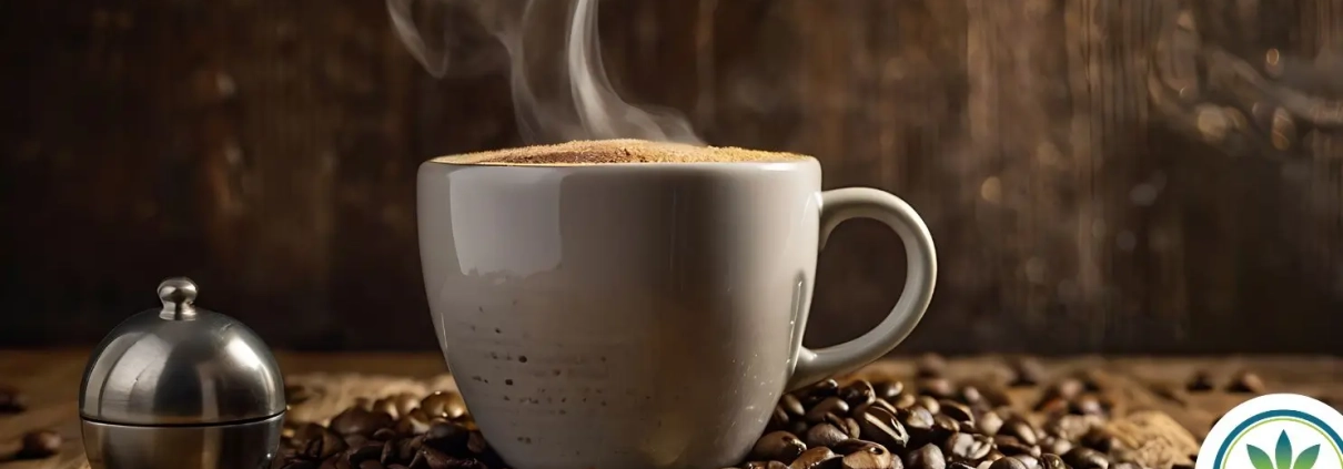 Steaming cup of coffee on lots of coffeebeans