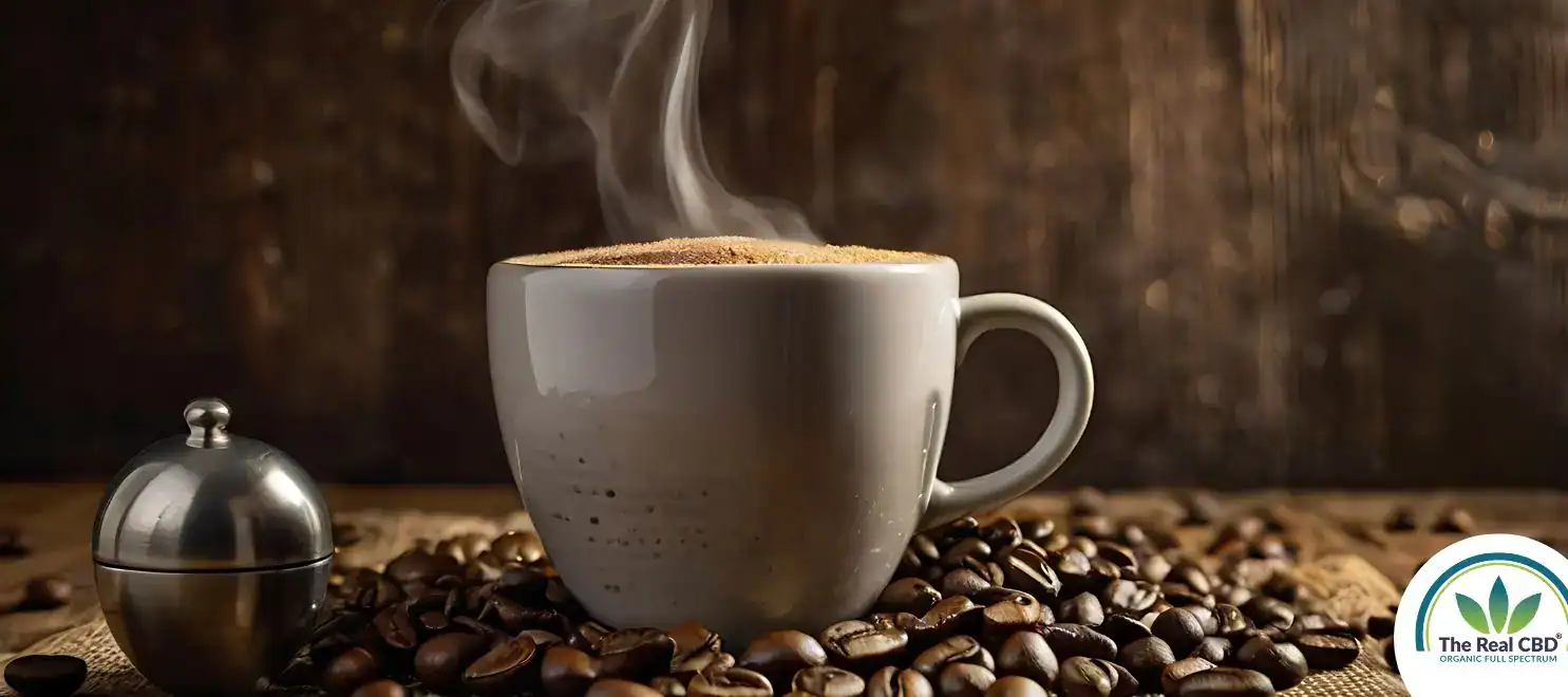 Steaming cup of coffee on lots of coffeebeans