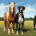 Horses and big dogs standing togeter in a green field