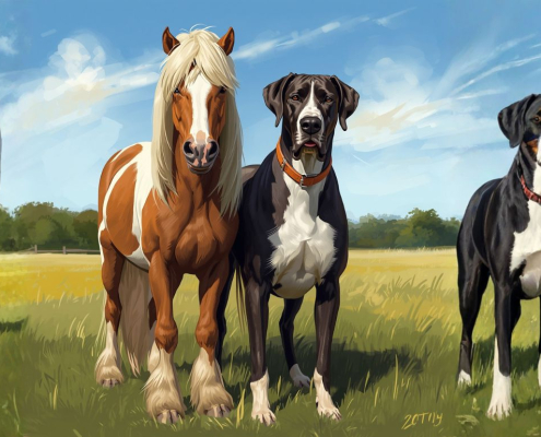 Horses and big dogs standing togeter in a green field