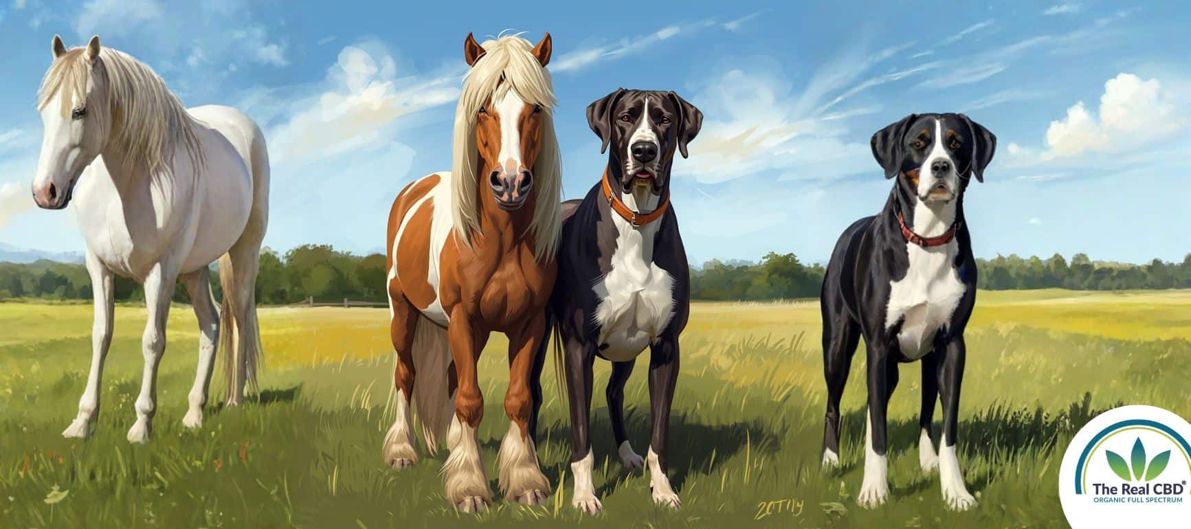 Horses and big dogs standing togeter in a green field